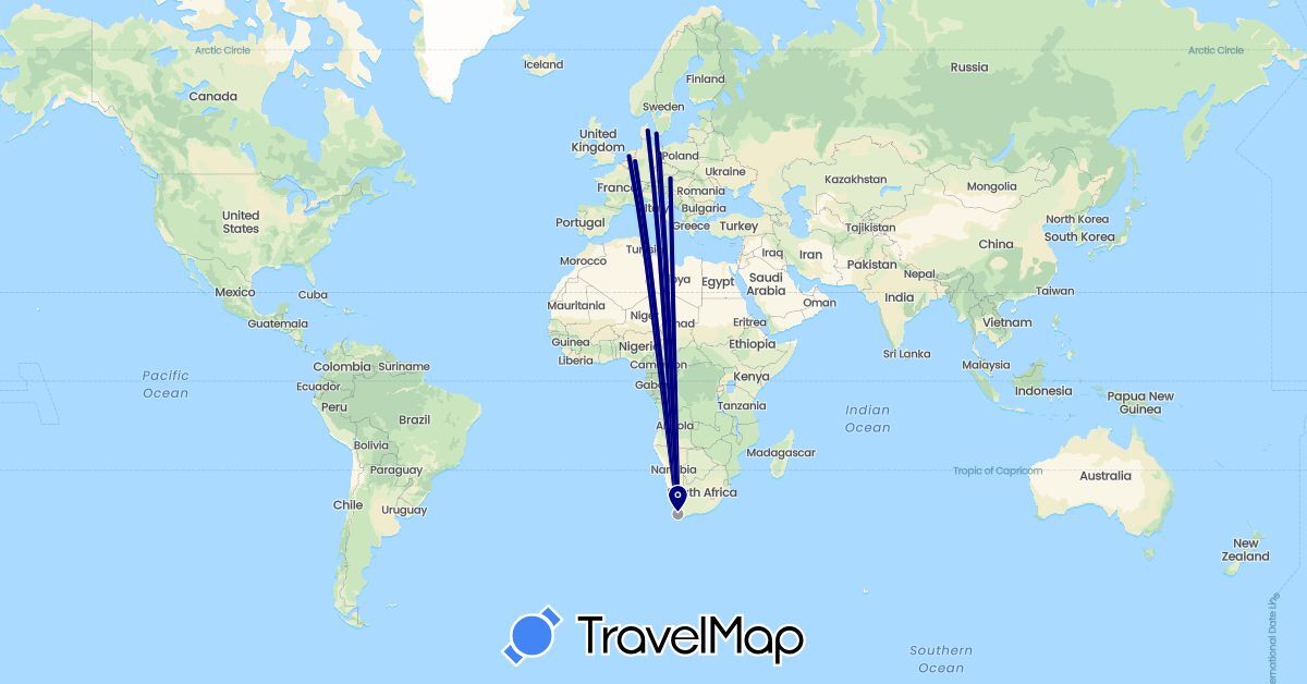 TravelMap itinerary: driving, plane in Austria, Germany, Denmark, Netherlands, South Africa (Africa, Europe)